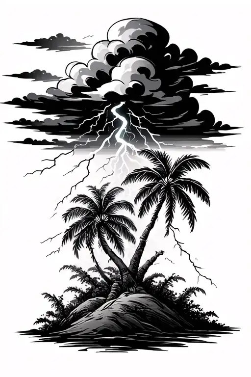 realistic dark clouds wiht lightning and palm tress tattoo design idea