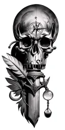 lighthouse, anchor, compass, quill pen, hour glass and magnifying glass tattoo design idea