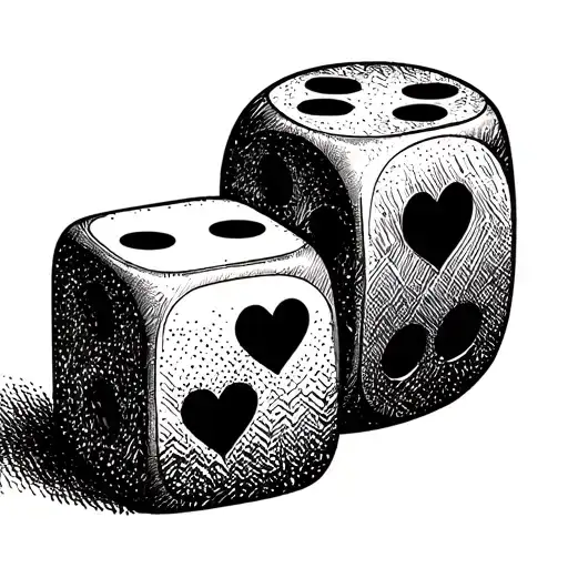 Minimalist fine-line illustration of two dice, each with hearts instead of dots. Clean black ink linework, thin strokes, tattoo design idea