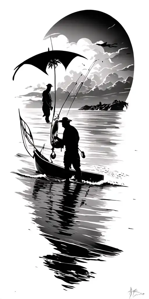 beach fishing hunting scene tattoo design idea