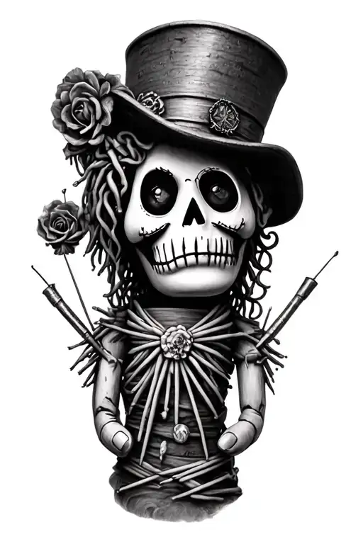 voodoo doll with cylinder hat and needles on his own hand tattoo design idea
