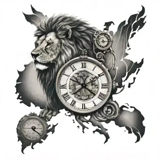 lion, fire hose, world map, antique clock tattoo design idea