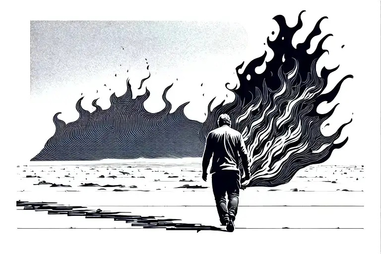 man on fire walking away from camera, walking on a salt flat tattoo design idea