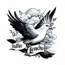 a dove with the word lencho in script font and cloud shading tattoo design idea