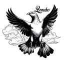 a dove with the word lencho in script font and cloud shading tattoo design idea