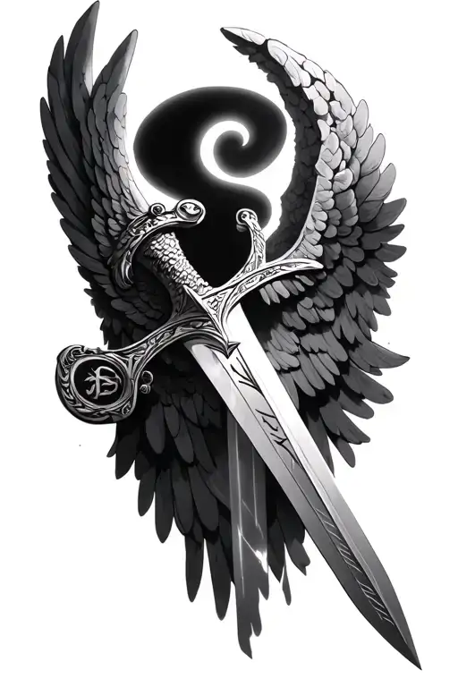 st Micheal's sword, angel wing fragments, halo/radiance effect, Latin quotes, Roman numerals tattoo design idea