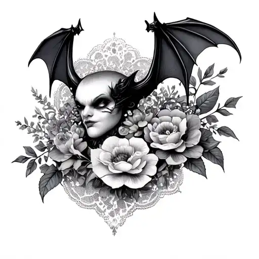 goth vampire bat with lace and flowers blooming tattoo design idea
