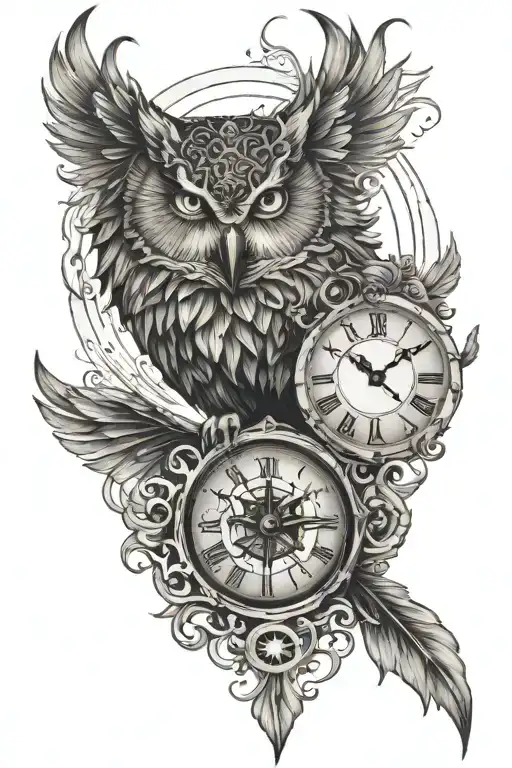 wolf owl raven phoenix with time clock and aquarius tattoo design idea