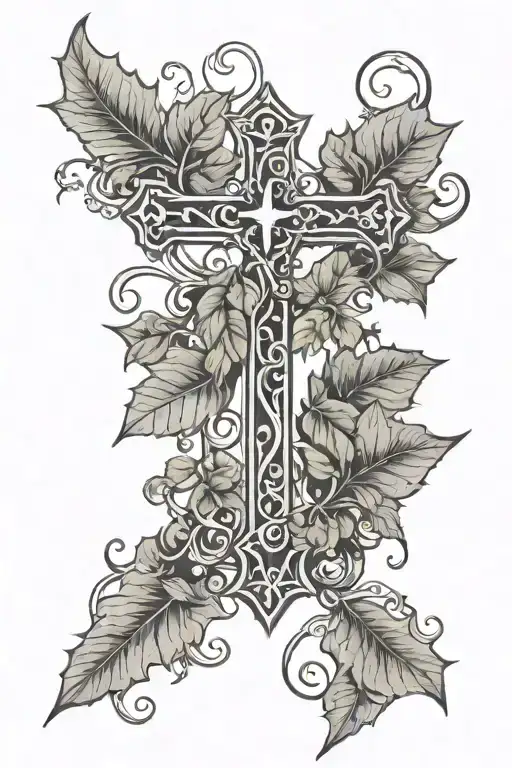 fine line cross with ivy vines tattoo design idea