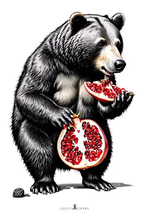 Bear eat pomegranate fruit tattoo design idea
