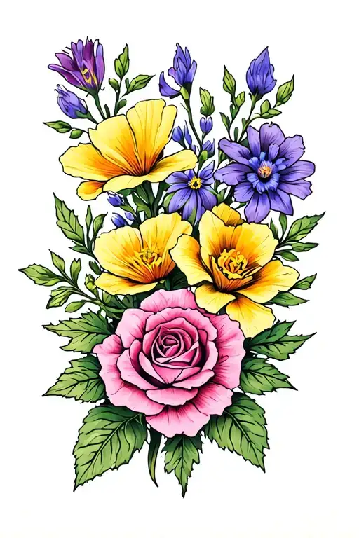 Prairie gentian, buttercup, roses, and Myrtle  flowers tattoo design idea