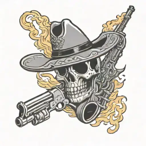 skeleton gunslinger wearing sombrero holding two revolvers while the hat be on fire in front of Mexico's flag  tattoo design idea