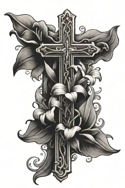 cross with lilies growing out of it symbolizing eternal life from death tattoo design idea