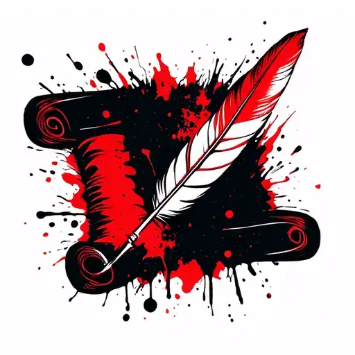 scroll of paper and feather quill pen writing tattoo design idea