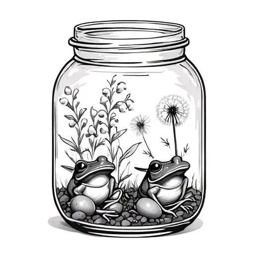frog eggs to frogs growing up in a mason jar with flowers lily of the valley, hawthorn and a dandelion growing out  tattoo design idea