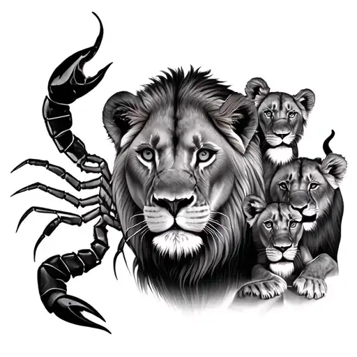 a lioness and two lion cubs surrounded by a scorpion tattoo design idea