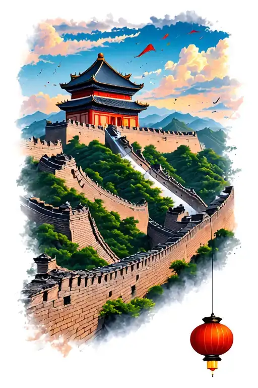 Great Wall of China with lanterns flying in the sky tattoo design idea