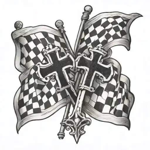 two crossed checkered flags with a cross in between them tattoo design idea