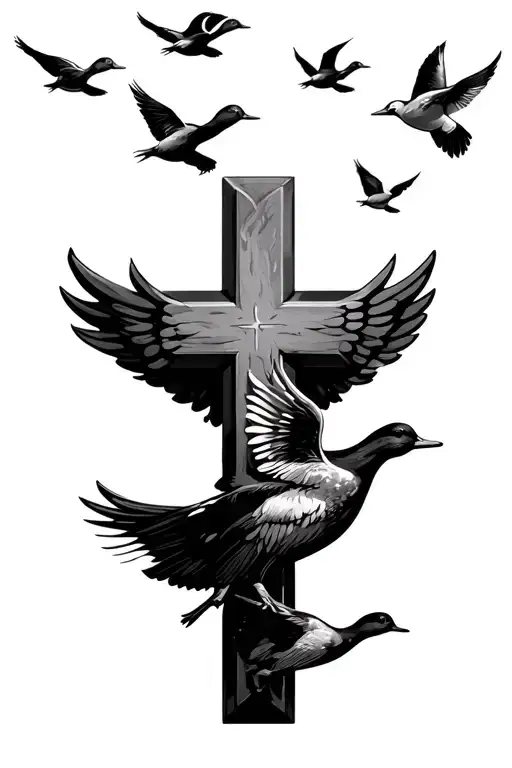 cross with a wing and 6 ducks flying tattoo design idea