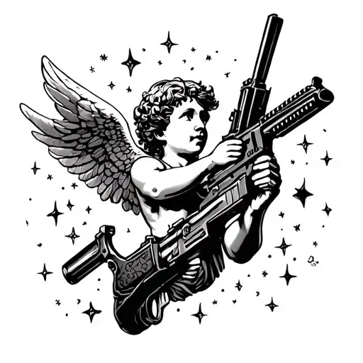 realistic cupid holding machine gun shooting up at the stars tattoo design idea