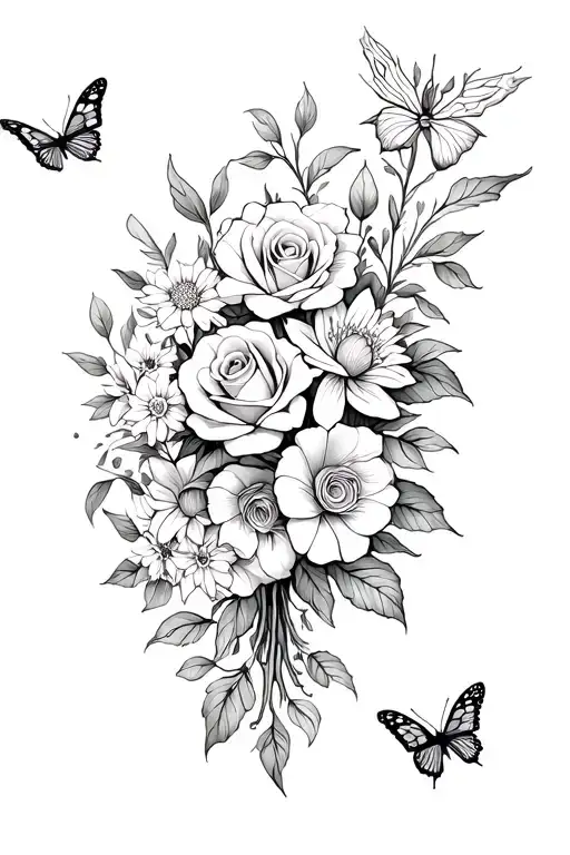 create a simple tattoo for my ribs of a boquet of flowers with lakepur, roses, waterlilys, butterflies, and roses tattoo design idea