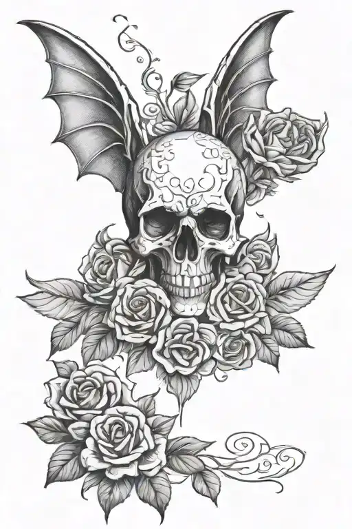 skull with bat wings and roses tattoo design idea