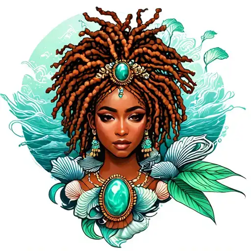 Tattoo African American queen of pinnacles, feminine divine Pisces with copper locs wearing a green jade and sea shells  tattoo design idea