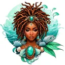 Tattoo African American queen of pinnacles, feminine divine Pisces with copper locs wearing a green jade and sea shells  tattoo design idea