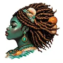 Tattoo African American queen of pinnacles, feminine divine Pisces with copper locs wearing a green jade and sea shells  tattoo design idea