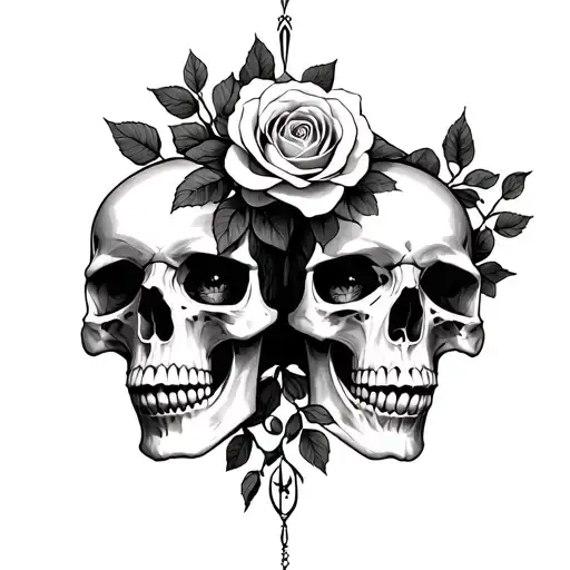 Two skulls facing each other w Aries symbol in middle of them with rose vine going through eyes tattoo design idea