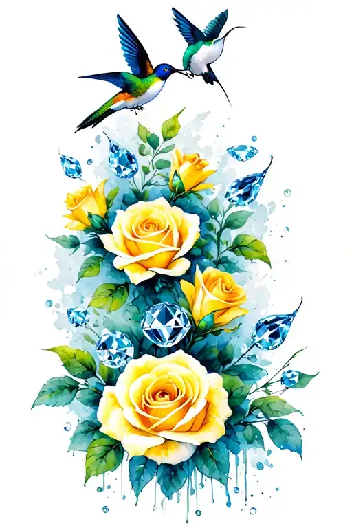 diamonds, yellow roses, hummingbirds flying tattoo design idea