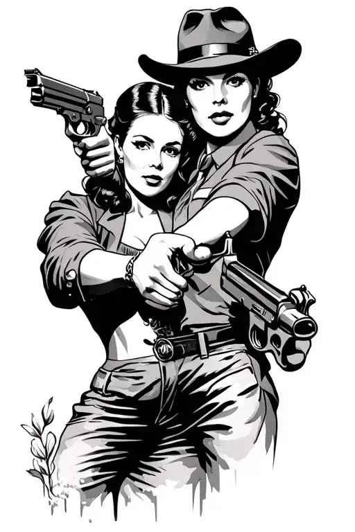Bonnie And Clyde pointing guns intertwined tattoo design idea