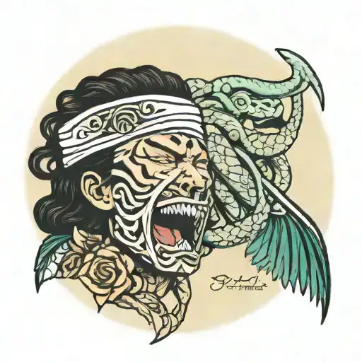 the name brayden maynard with medusa is the background with a ski mask on   tattoo design idea