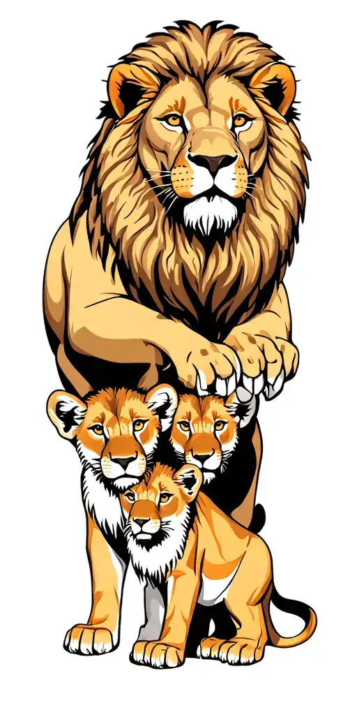  male lion protecting 2 cubs with wilderness in the background of the tattoo tattoo design idea