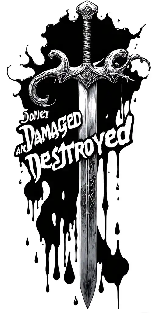 "Damaged and Destroyed " blood drop falling surrounded a sword tattoo design idea