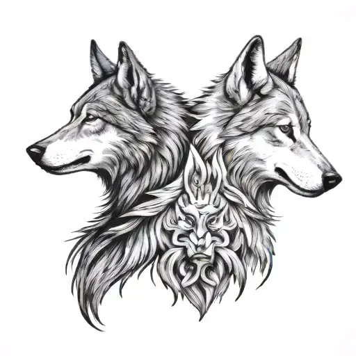 two wolves looking at each other. standing opposite and looking at each other. one of them white colour teethangry fangs tattoo design idea