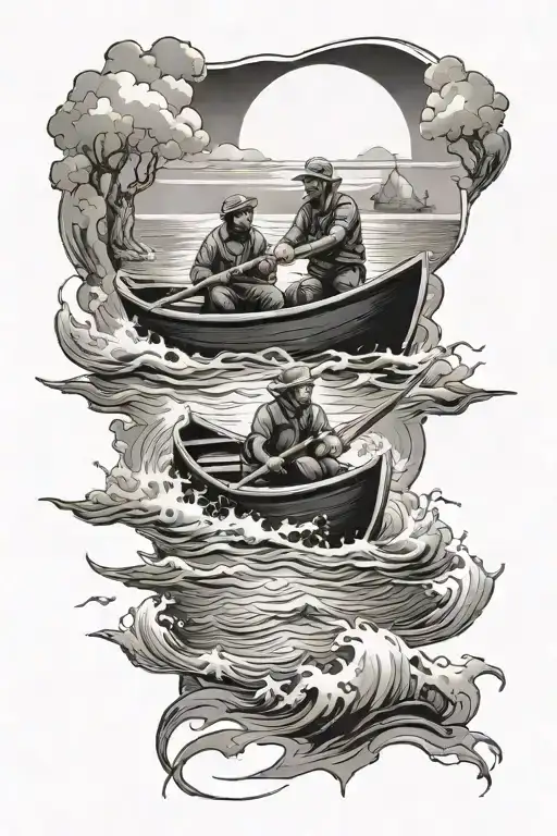two men in small padle boat in sea tattoo design idea