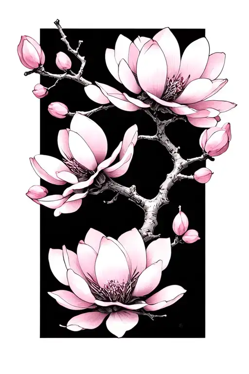 A Japanese-inspired illustration featuring a delicate branch adorned with vertically arranged soft pink magnolia blossom tattoo design idea