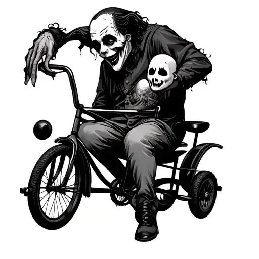 A headless jester sits on a three-wheeled children's bicycle, holding his head and a crying mask in his hands. tattoo design idea