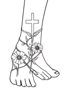 Ankle tattoo with small cross wrapped around with vines, poppy flower, daisy flower, and narcissus flower tattoo design idea