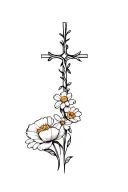 Ankle tattoo with small cross wrapped around with vines, poppy flower, daisy flower, and narcissus flower tattoo design idea
