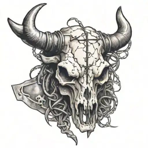 bull skull with barb wire wrapped around the horns  tattoo design idea