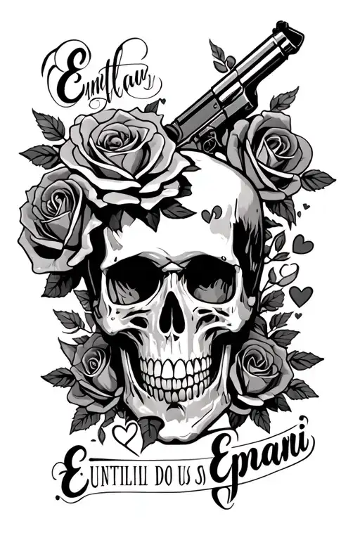 Skull, roses, tombstone, until death do us apart, name Emani, hearts and a gun  tattoo design idea