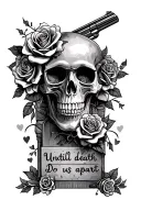 Skull, roses, tombstone, until death do us apart, name Emani, hearts and a gun  tattoo design idea