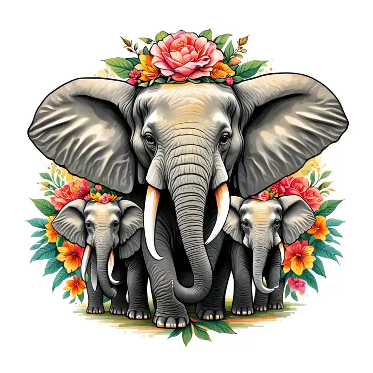 elephant family of 5 tattoo design idea