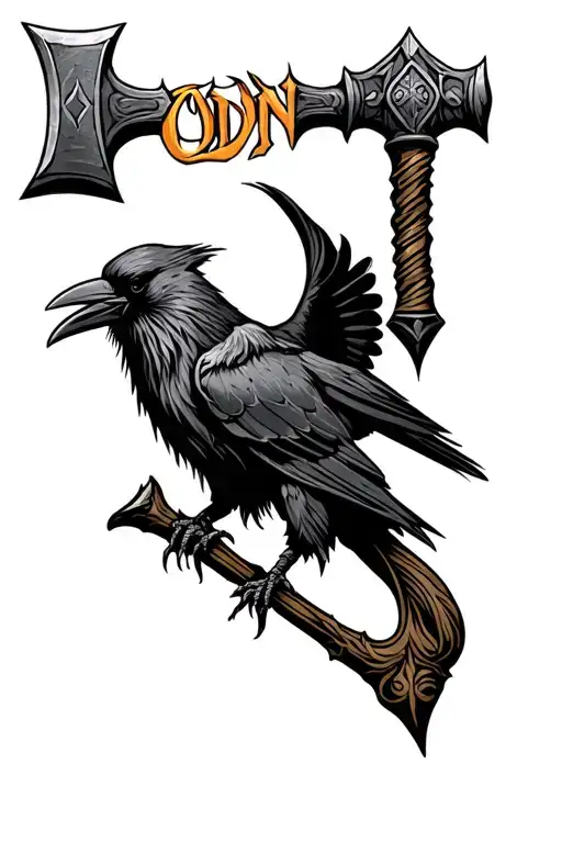thors hammer with a crow in background and Odin name tattoo tattoo design idea