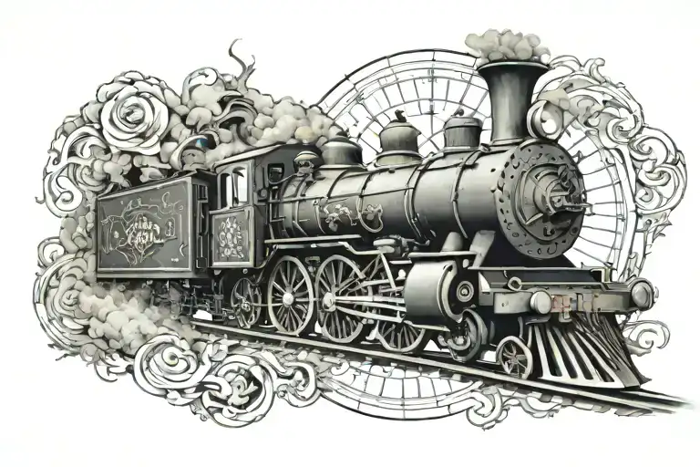 A train winding through a smoky compass rose surrounded tattoo design idea