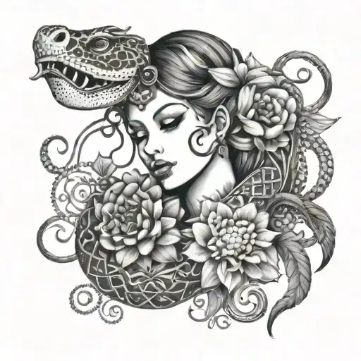 mandala flowers lady riding a snake lady face inside tattoo design idea