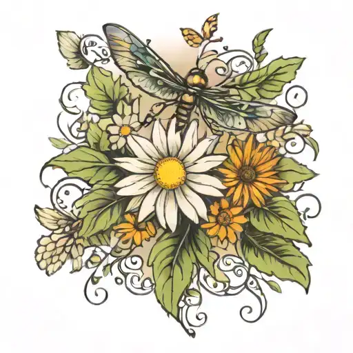 a small dainty spine tattoo going up the spine with leaves on a vine with a daisy and chrysanthemum and dragonfly  tattoo design idea