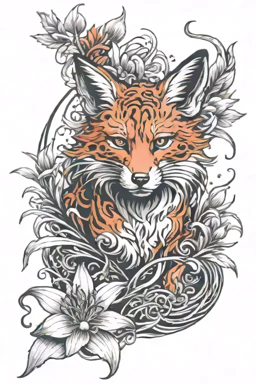 Japanese, nine-tailed fox and red spider lily tattoo design idea
